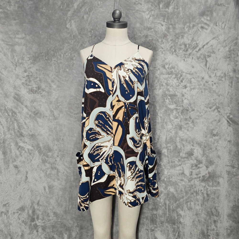 Manuhealii Floral Tropical Mini Dress Women XL Blue Brown Boho Pockets Flowy